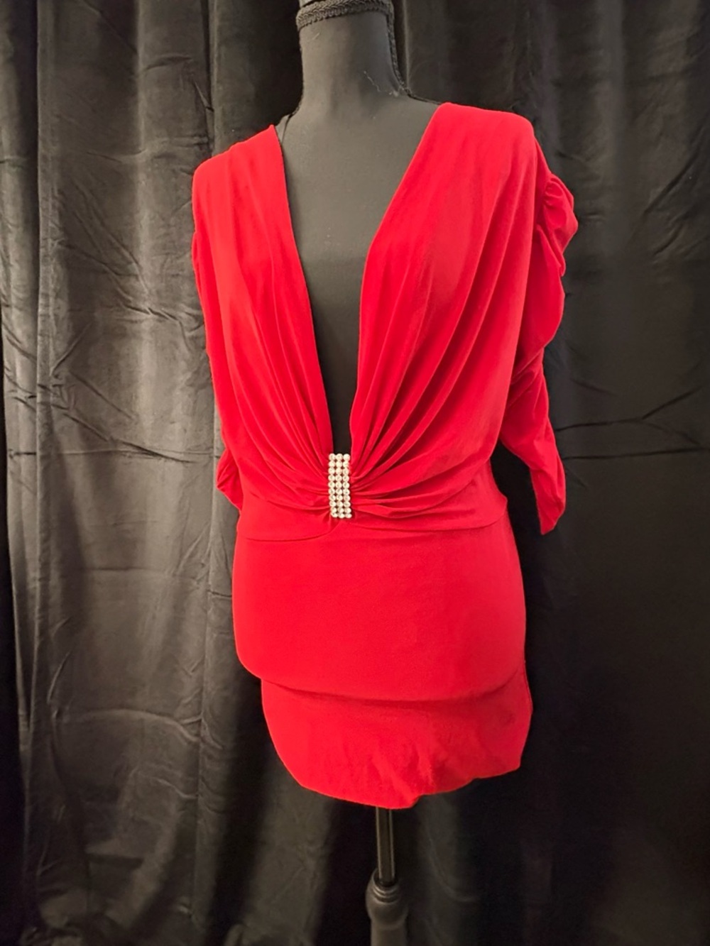 Frederick's of Hollywood Red Plunge Draped Tunic with Rhinestone Accent